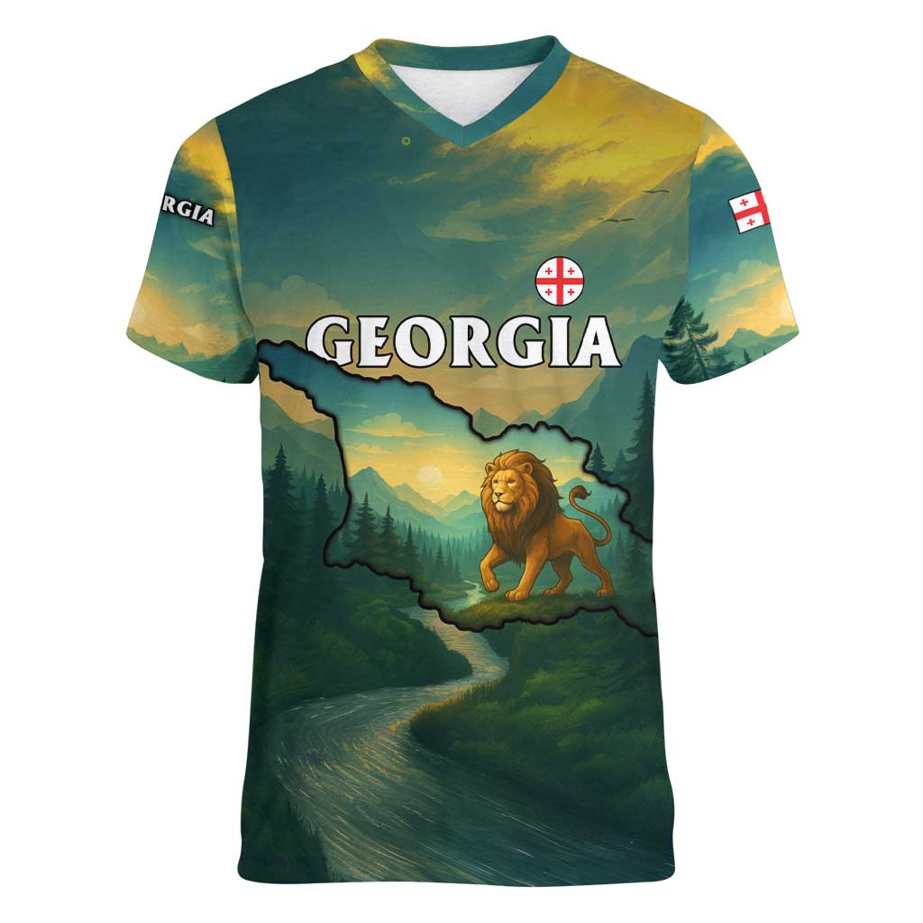 Georgia Women V-Neck T-Shirt with Green Mountain Landscape with Map Outline Lion and Legends Rise Quote Design - Wonder Print Shop
