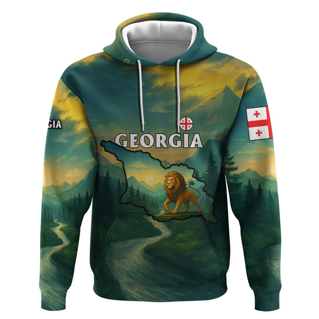 Georgia Zip Hoodie with Green Mountain Landscape with Map Outline Lion and Legends Rise Quote Design - Wonder Print Shop