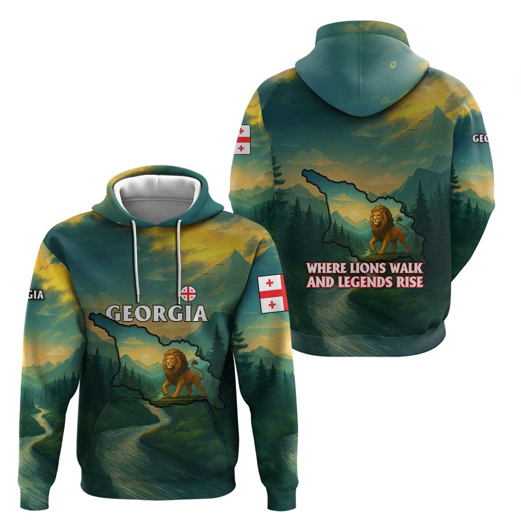 Georgia Zip Hoodie with Green Mountain Landscape with Map Outline Lion and Legends Rise Quote Design - Wonder Print Shop