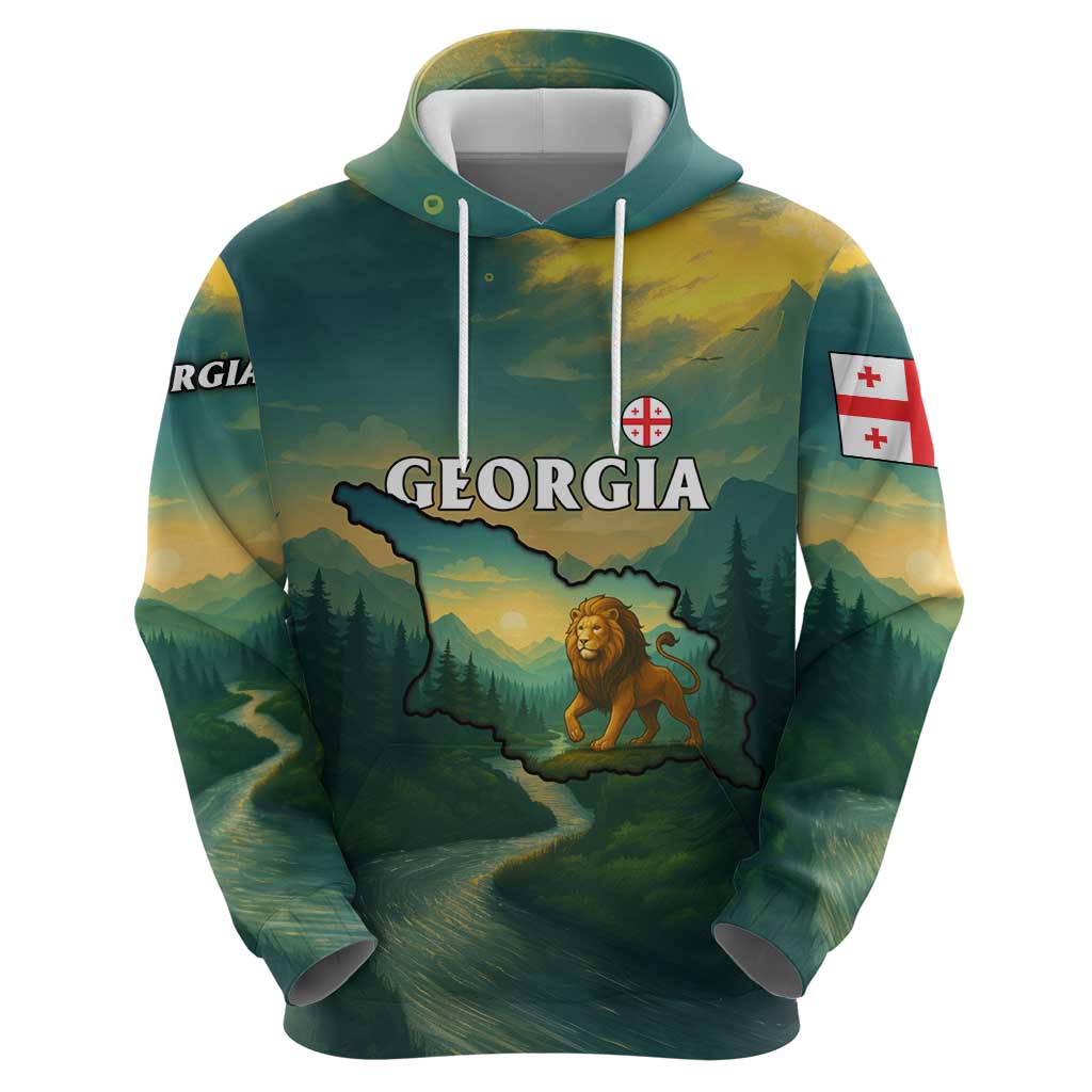 Georgia Zip Hoodie with Green Mountain Landscape with Map Outline Lion and Legends Rise Quote Design - Wonder Print Shop