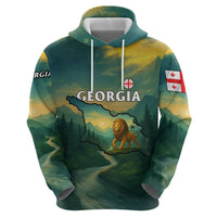 Georgia Zip Hoodie with Green Mountain Landscape with Map Outline Lion and Legends Rise Quote Design - Wonder Print Shop