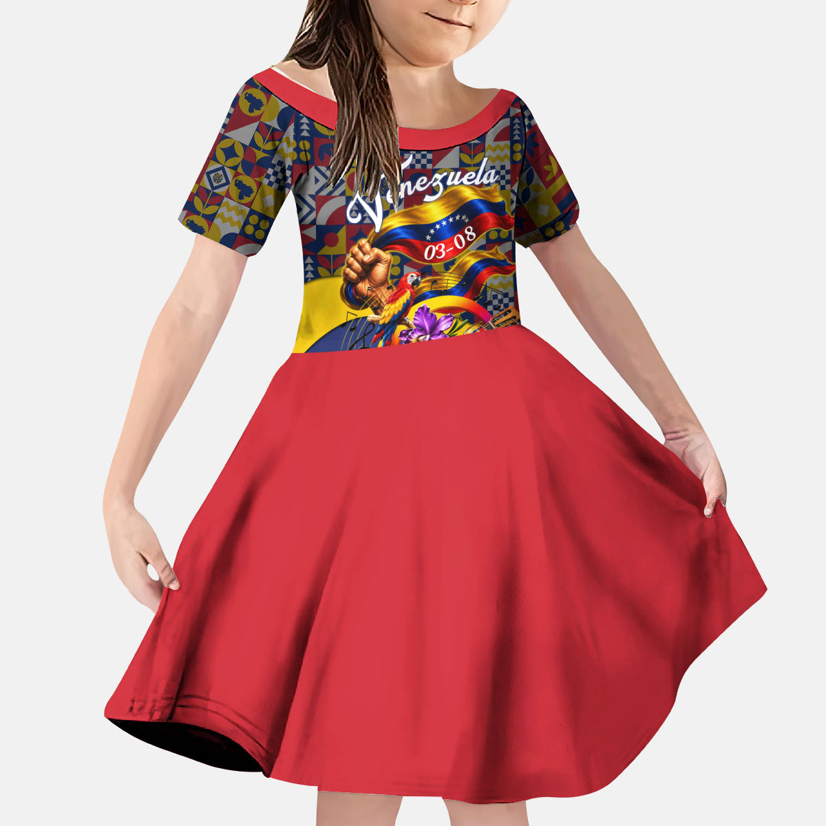 Venezuela Flag Day Patriotism Kid Short Sleeve Dress Heritage Flag Jaguar Traditional Instruments