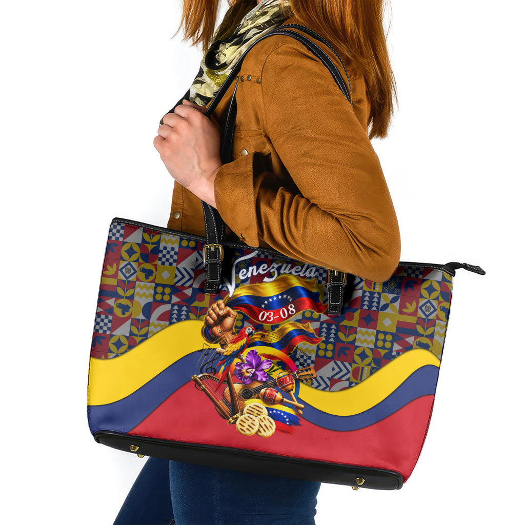 Venezuela Flag Day Patriotism Leather Tote Bag Heritage Flag Jaguar Traditional Instruments