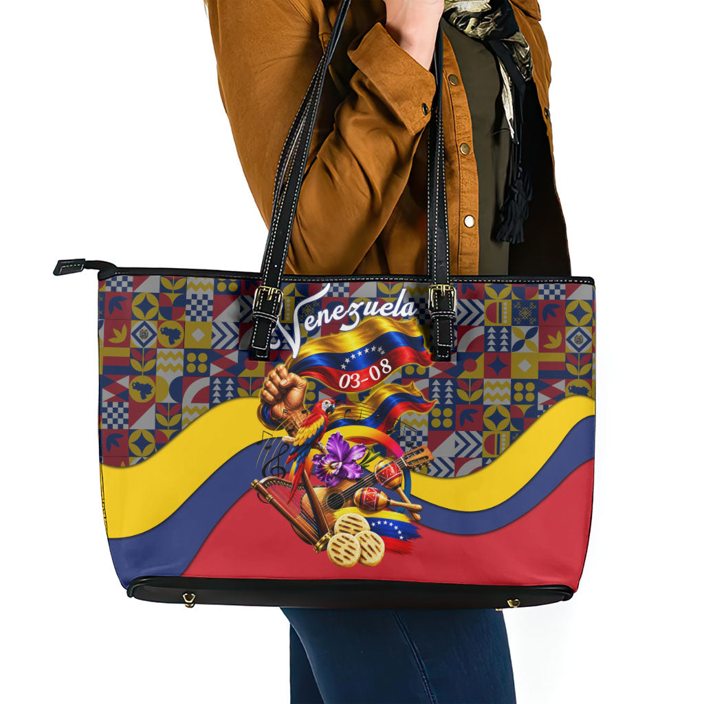 Venezuela Flag Day Patriotism Leather Tote Bag Heritage Flag Jaguar Traditional Instruments