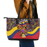 Venezuela Flag Day Patriotism Leather Tote Bag Heritage Flag Jaguar Traditional Instruments