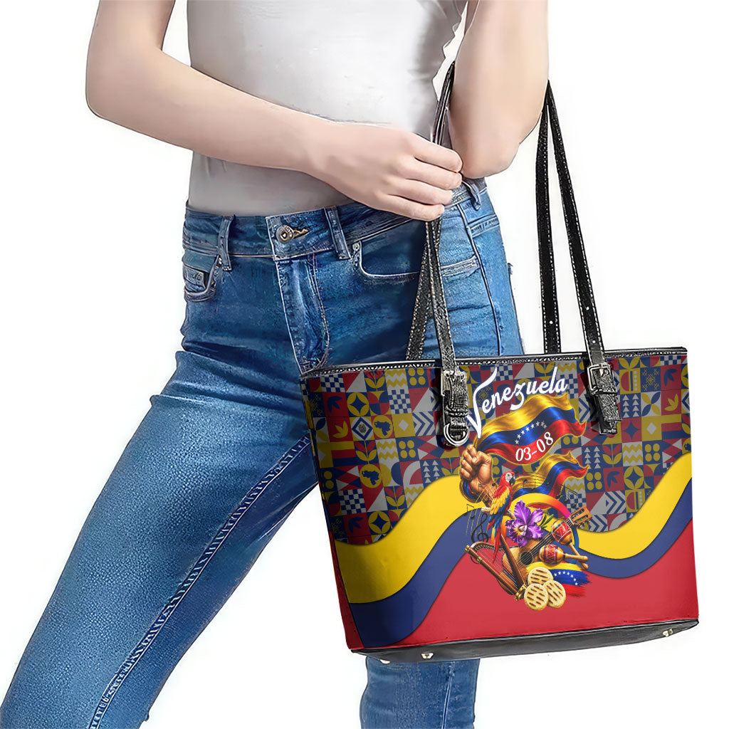 Venezuela Flag Day Patriotism Leather Tote Bag Heritage Flag Jaguar Traditional Instruments