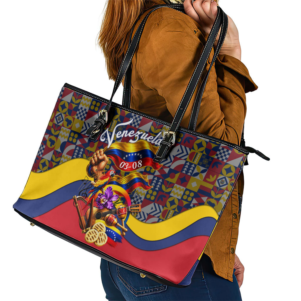Venezuela Flag Day Patriotism Leather Tote Bag Heritage Flag Jaguar Traditional Instruments