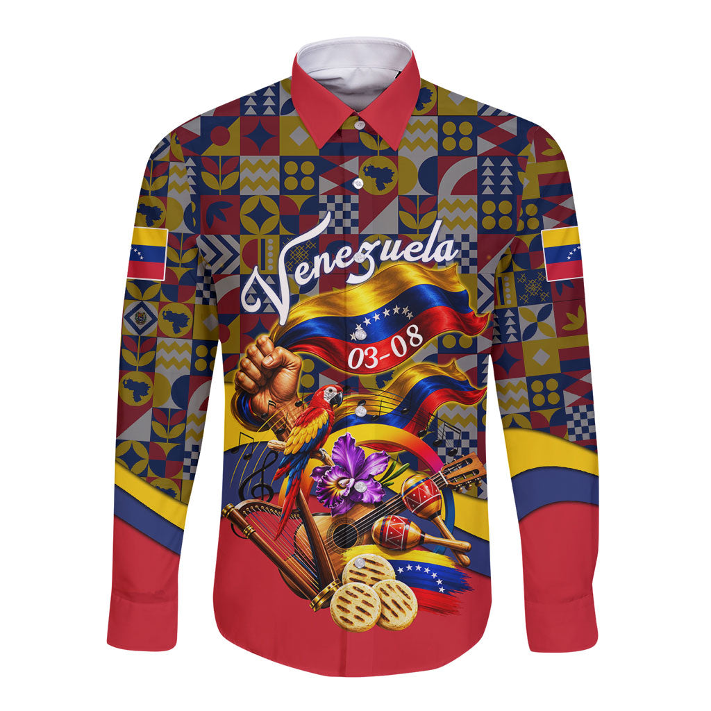 Venezuela Flag Day Patriotism Long Sleeve Button Shirt Heritage Flag Jaguar Traditional Instruments