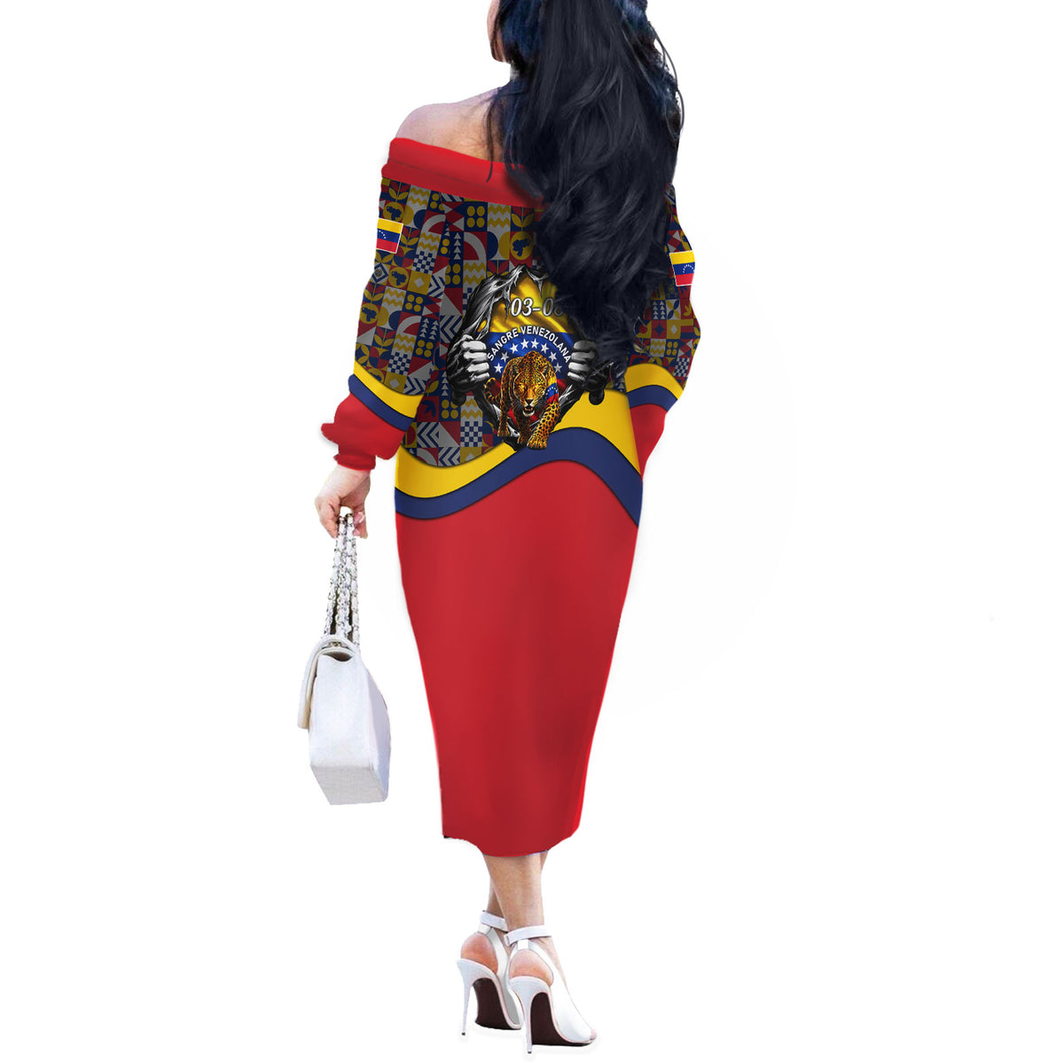 Venezuela Flag Day Patriotism Off The Shoulder Long Sleeve Dress Heritage Flag Jaguar Traditional Instruments