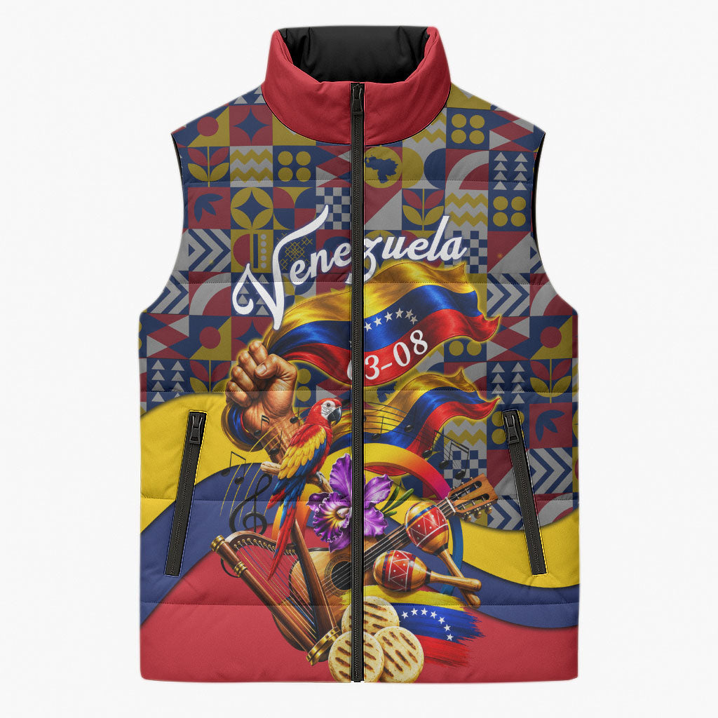 Venezuela Flag Day Patriotism Sleeveless Puffer Jacket Heritage Flag Jaguar Traditional Instruments