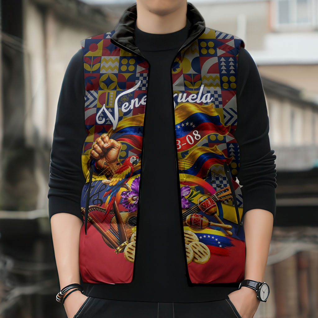 Venezuela Flag Day Patriotism Sleeveless Puffer Jacket Heritage Flag Jaguar Traditional Instruments