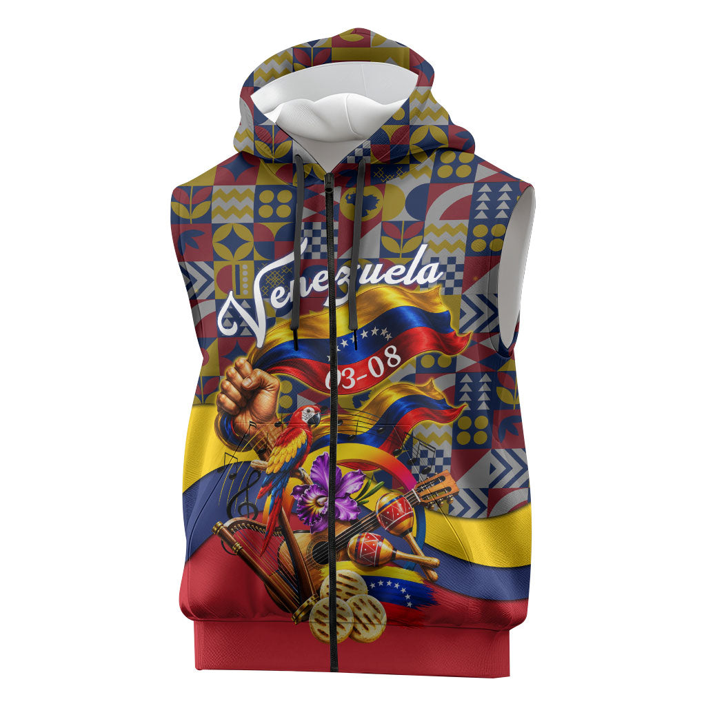 Venezuela Flag Day Patriotism Sleeveless Zip Hoodie Heritage Flag Jaguar Traditional Instruments