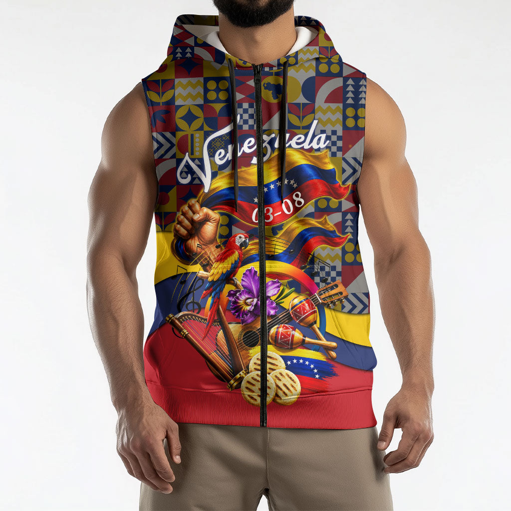 Venezuela Flag Day Patriotism Sleeveless Zip Hoodie Heritage Flag Jaguar Traditional Instruments