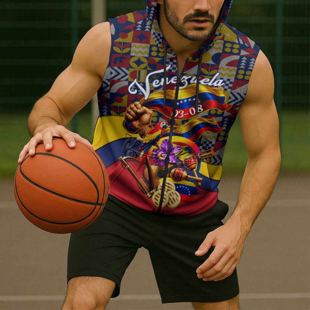 Venezuela Flag Day Patriotism Sleeveless Zip Hoodie Heritage Flag Jaguar Traditional Instruments