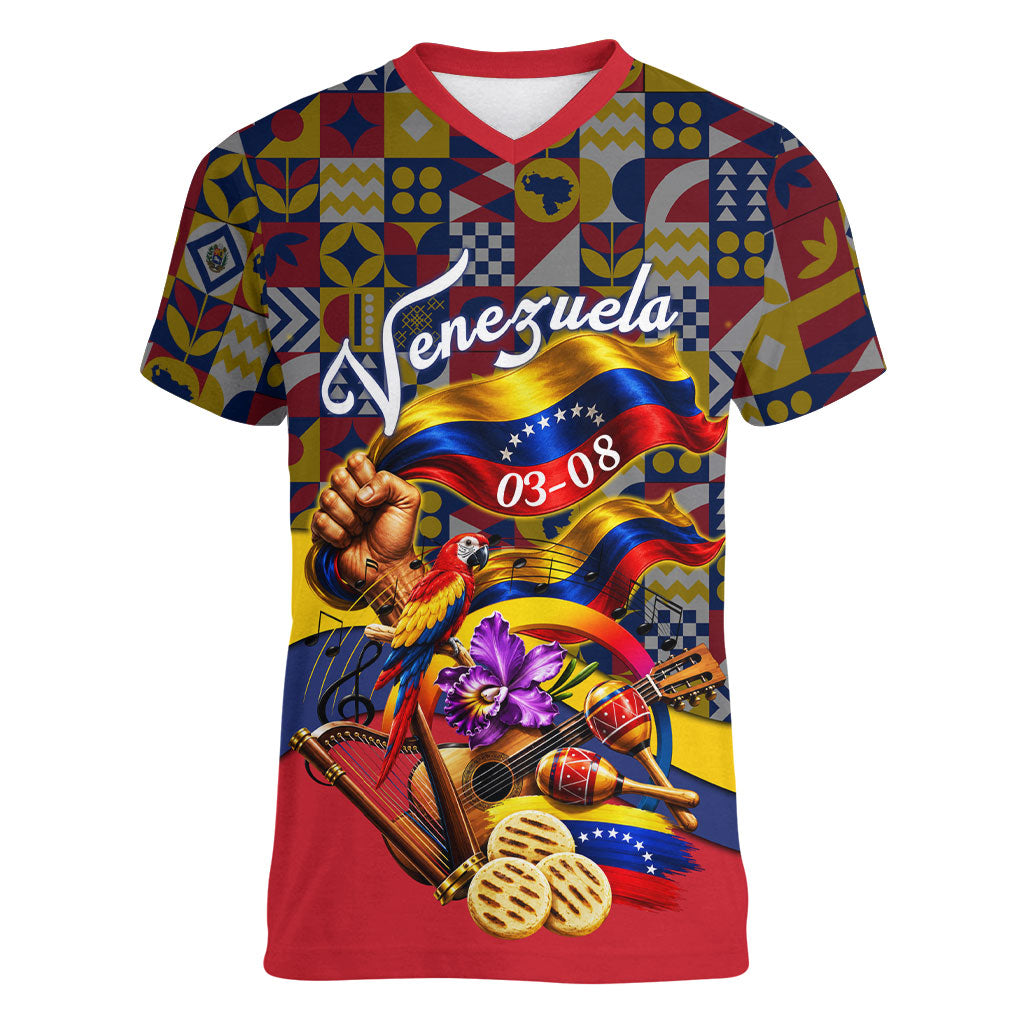Venezuela Flag Day Patriotism Women V-Neck T-Shirt Heritage Flag Jaguar Traditional Instruments