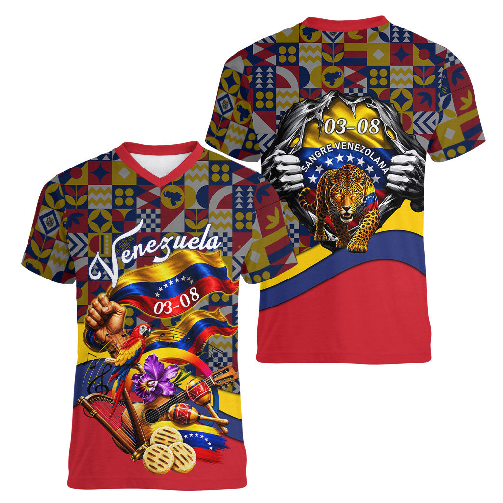 Venezuela Flag Day Patriotism Women V-Neck T-Shirt Heritage Flag Jaguar Traditional Instruments