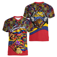 Venezuela Flag Day Patriotism Women V-Neck T-Shirt Heritage Flag Jaguar Traditional Instruments