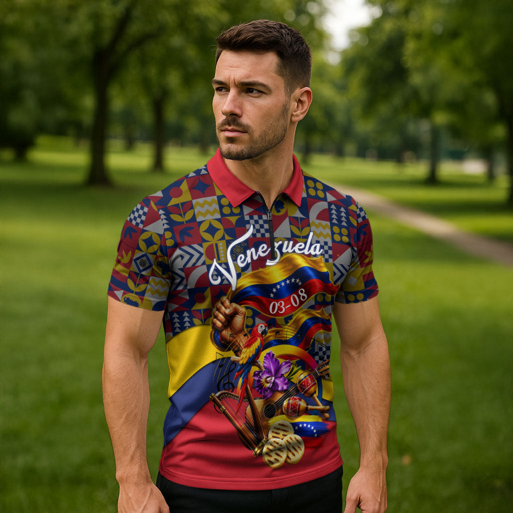 Venezuela Flag Day Patriotism Zipper Polo Shirt Heritage Flag Jaguar Traditional Instruments