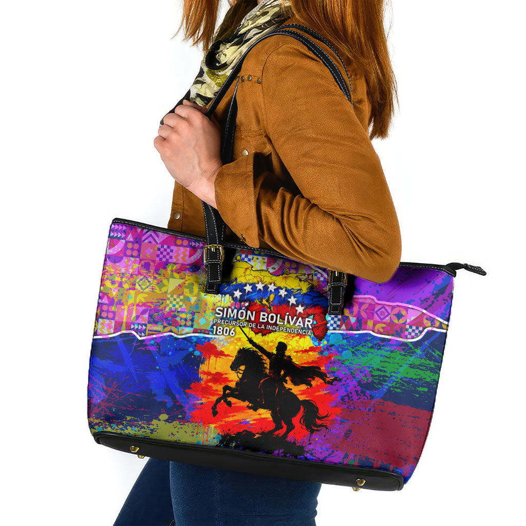 Simon Bolivar Venezuela Flag Day Leather Tote Bag Patriotism Precursor De La Independencia Vibrant Flag