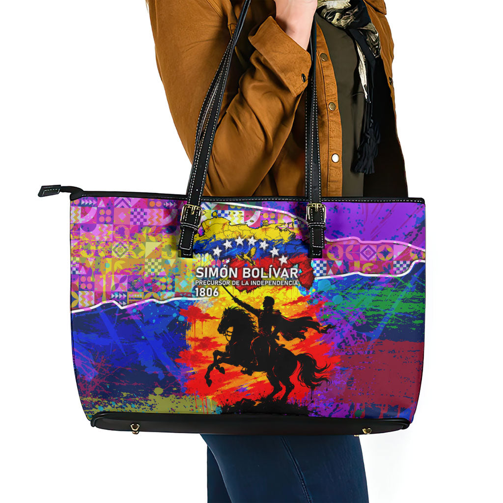 Simon Bolivar Venezuela Flag Day Leather Tote Bag Patriotism Precursor De La Independencia Vibrant Flag