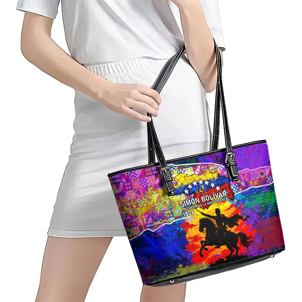 Simon Bolivar Venezuela Flag Day Leather Tote Bag Patriotism Precursor De La Independencia Vibrant Flag