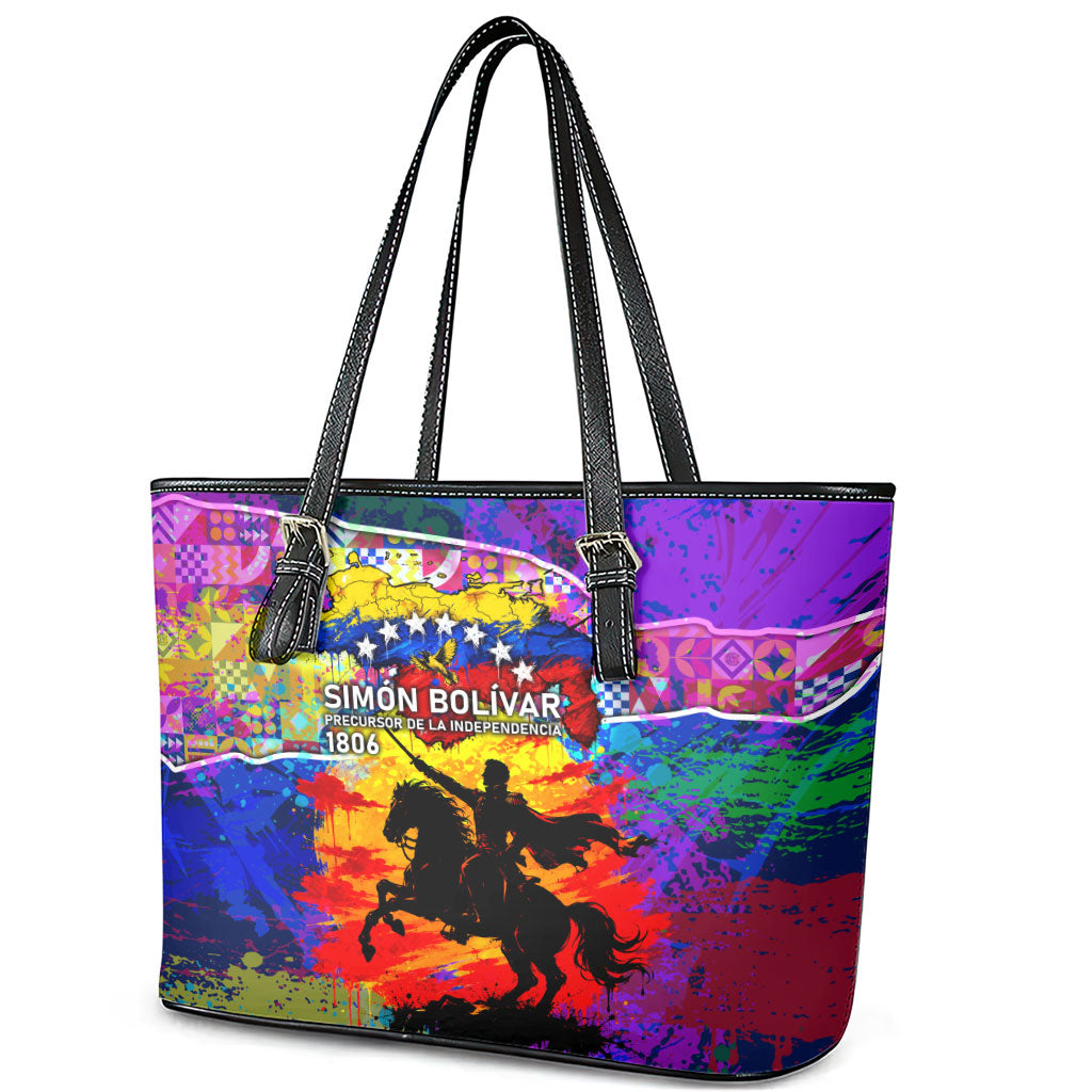 Simon Bolivar Venezuela Flag Day Leather Tote Bag Patriotism Precursor De La Independencia Vibrant Flag