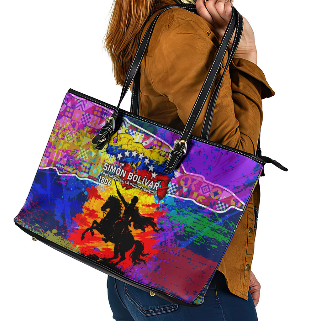 Simon Bolivar Venezuela Flag Day Leather Tote Bag Patriotism Precursor De La Independencia Vibrant Flag