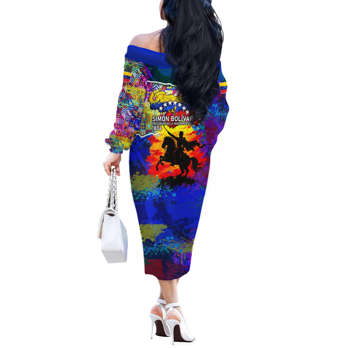 Simon Bolivar Venezuela Flag Day Off The Shoulder Long Sleeve Dress Patriotism Precursor De La Independencia Vibrant Flag