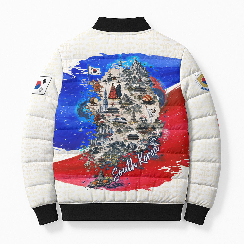 South Korea Flag Day Bomber Puffer Jacket Patriotic Cultural Landmarks Map