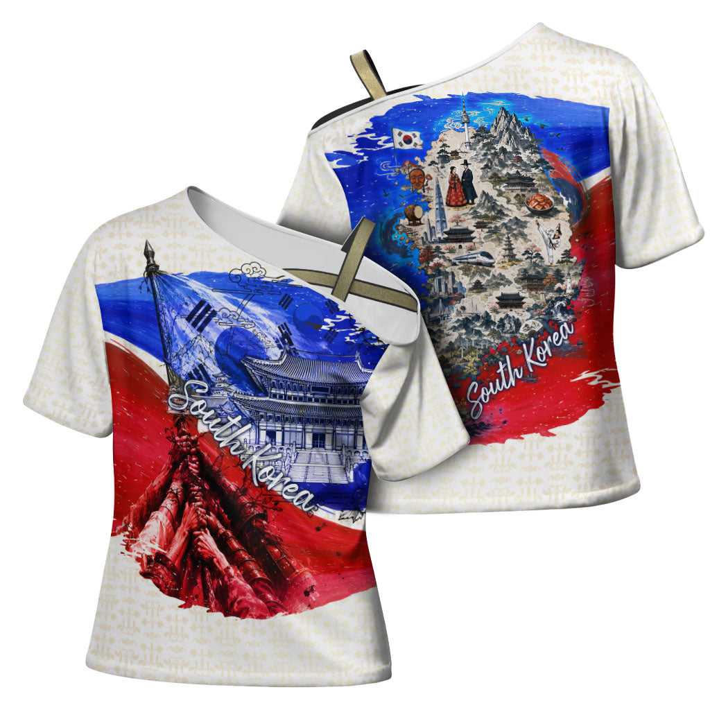 South Korea Flag Day Cross Shoulder Shirt Patriotic Cultural Landmarks Map