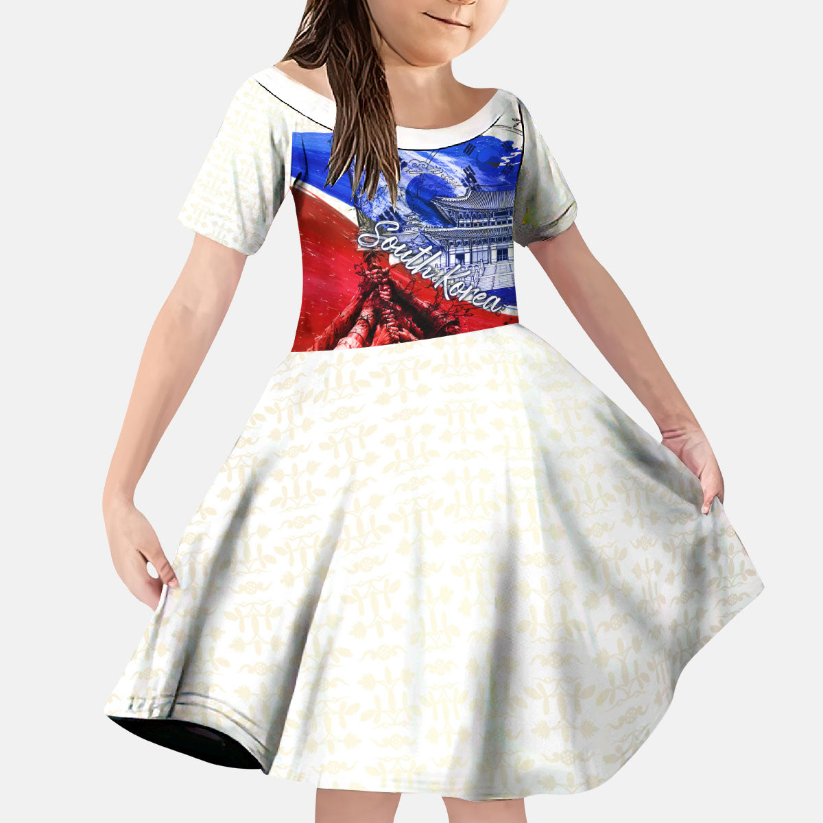 South Korea Flag Day Kid Short Sleeve Dress Patriotic Cultural Landmarks Map