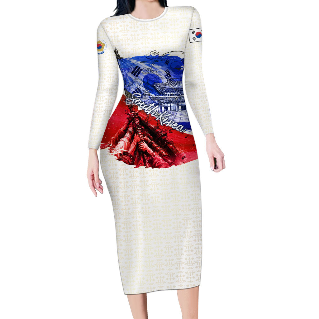 South Korea Flag Day Long Sleeve Bodycon Dress Patriotic Cultural Landmarks Map