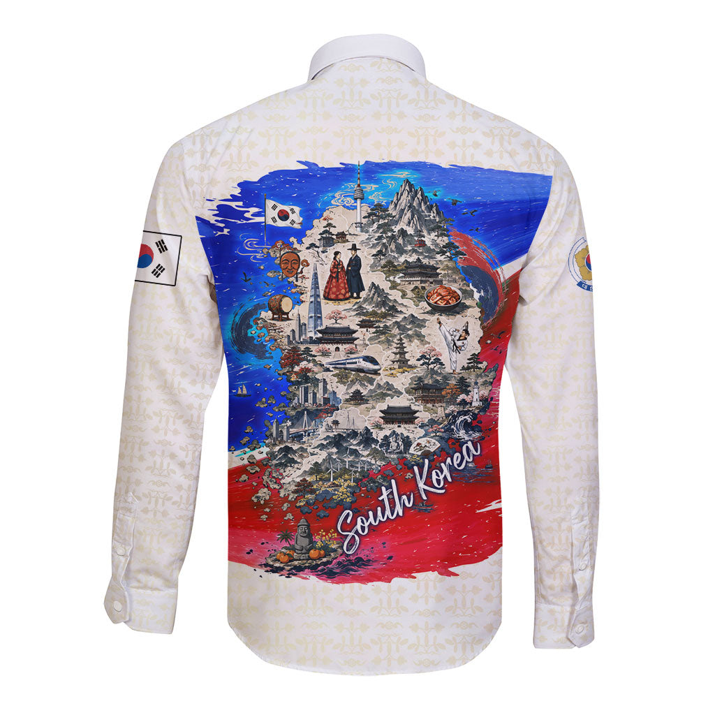 South Korea Flag Day Long Sleeve Button Shirt Patriotic Cultural Landmarks Map