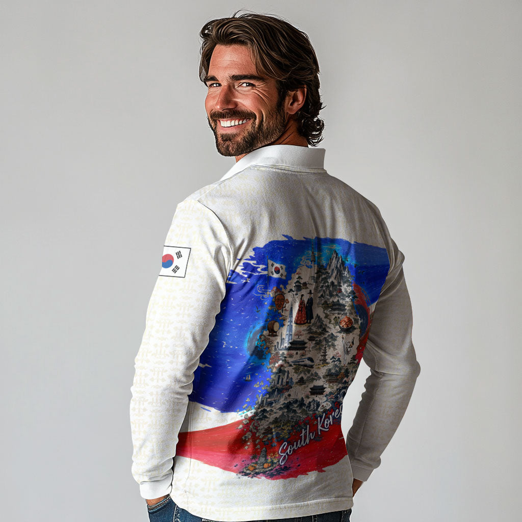 South Korea Flag Day Long Sleeve Polo Shirt Patriotic Cultural Landmarks Map