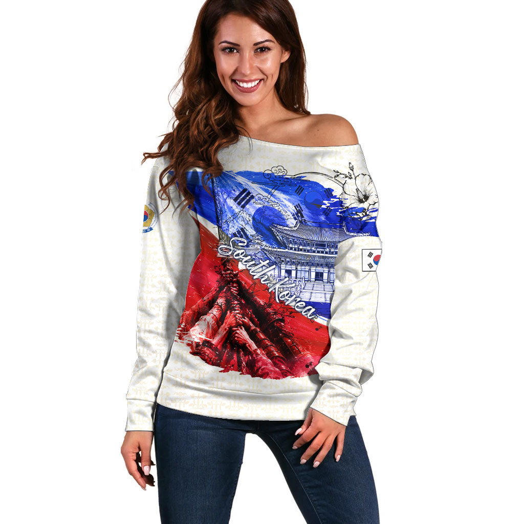 South Korea Flag Day Off Shoulder Sweater Patriotic Cultural Landmarks Map