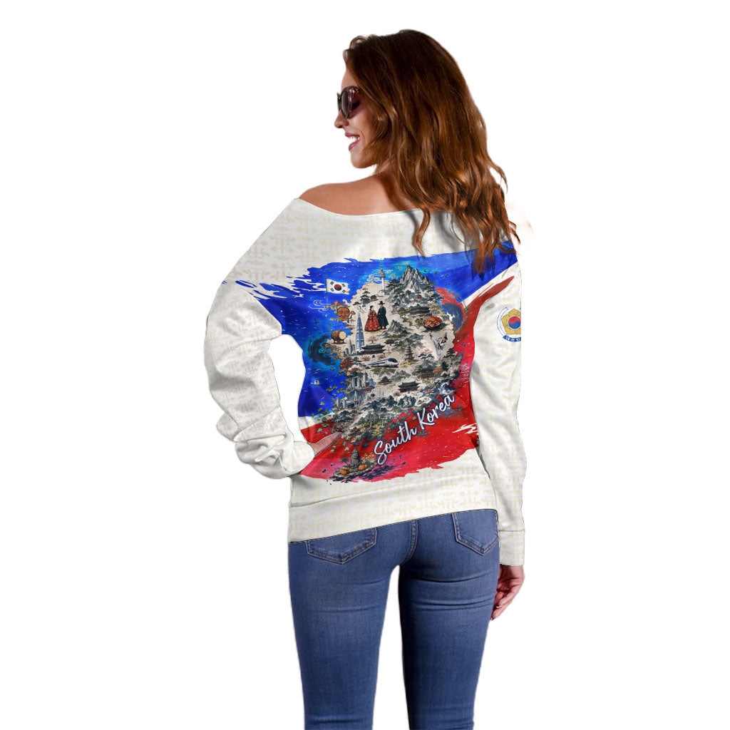 South Korea Flag Day Off Shoulder Sweater Patriotic Cultural Landmarks Map