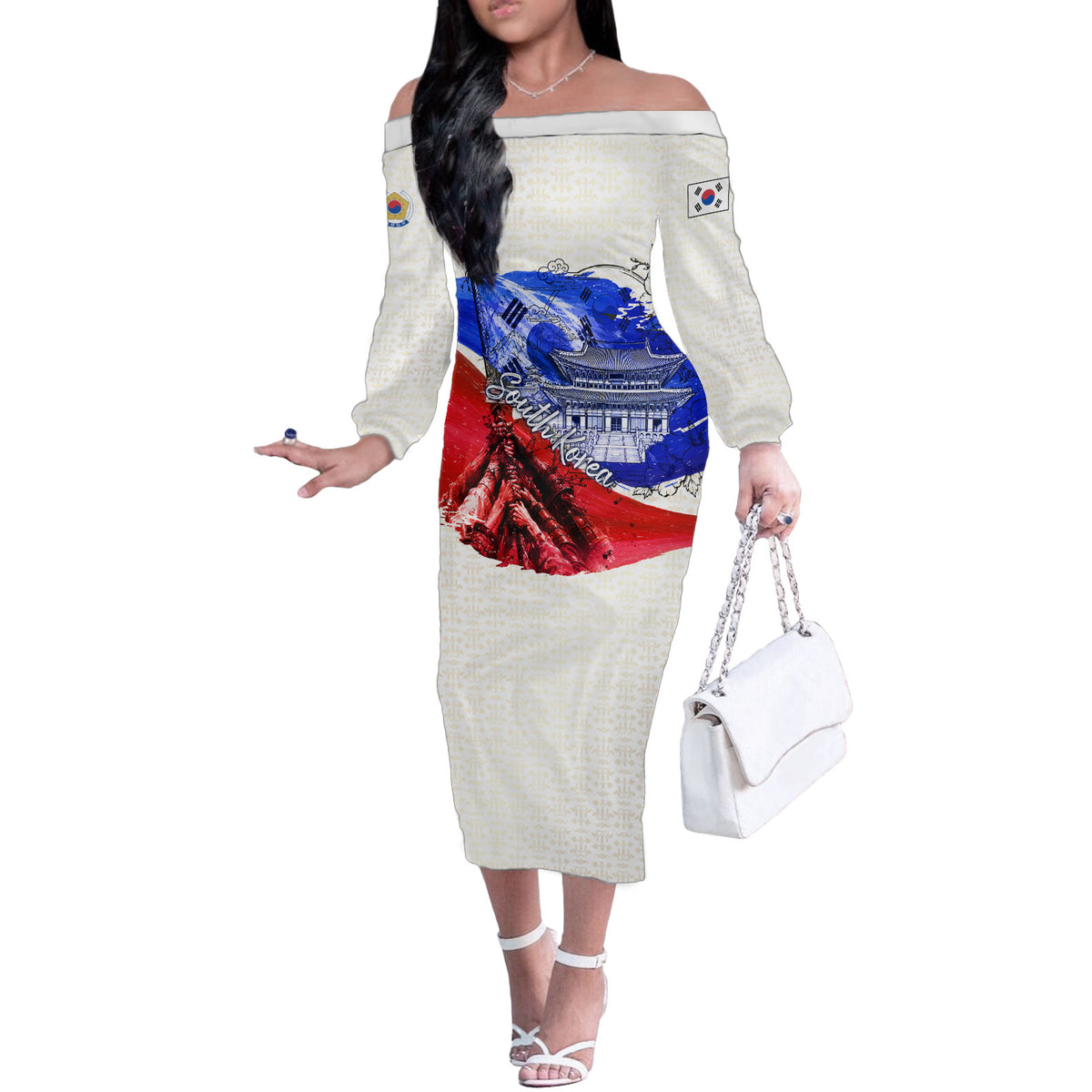 South Korea Flag Day Off The Shoulder Long Sleeve Dress Patriotic Cultural Landmarks Map