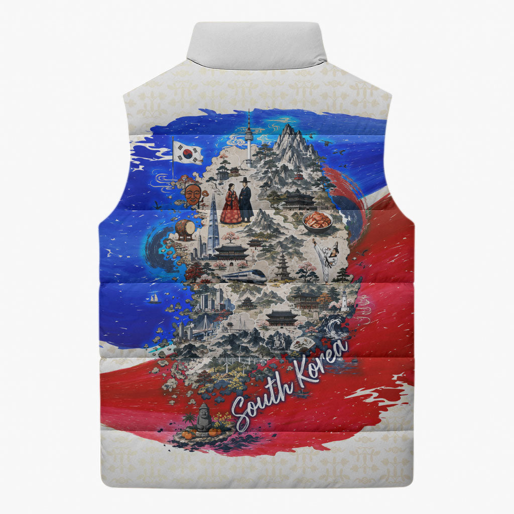 South Korea Flag Day Sleeveless Puffer Jacket Patriotic Cultural Landmarks Map