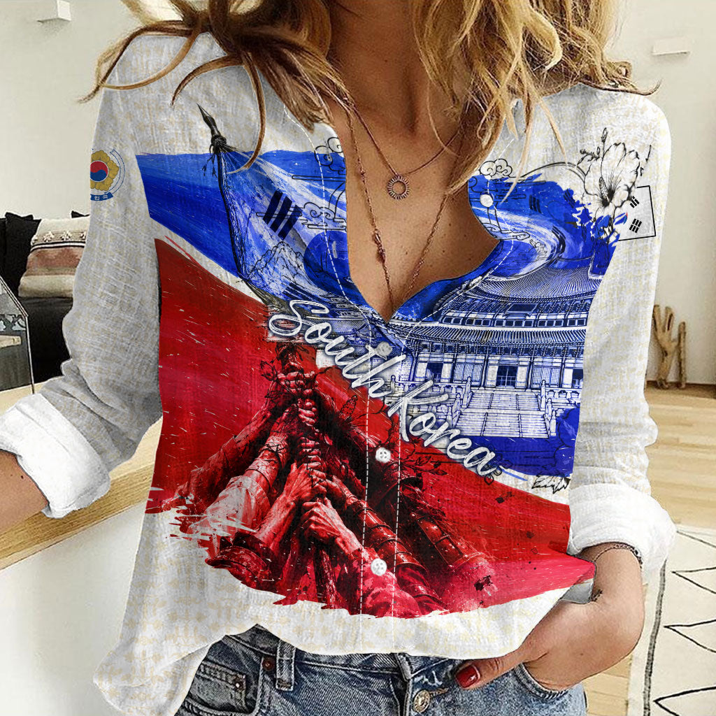 South Korea Flag Day Women Casual Shirt Patriotic Cultural Landmarks Map