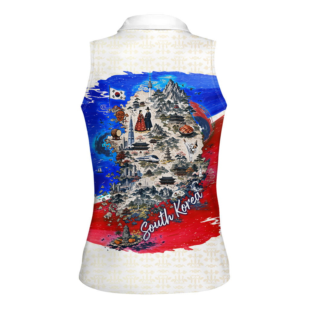 South Korea Flag Day Women Sleeveless Polo Shirt Patriotic Cultural Landmarks Map
