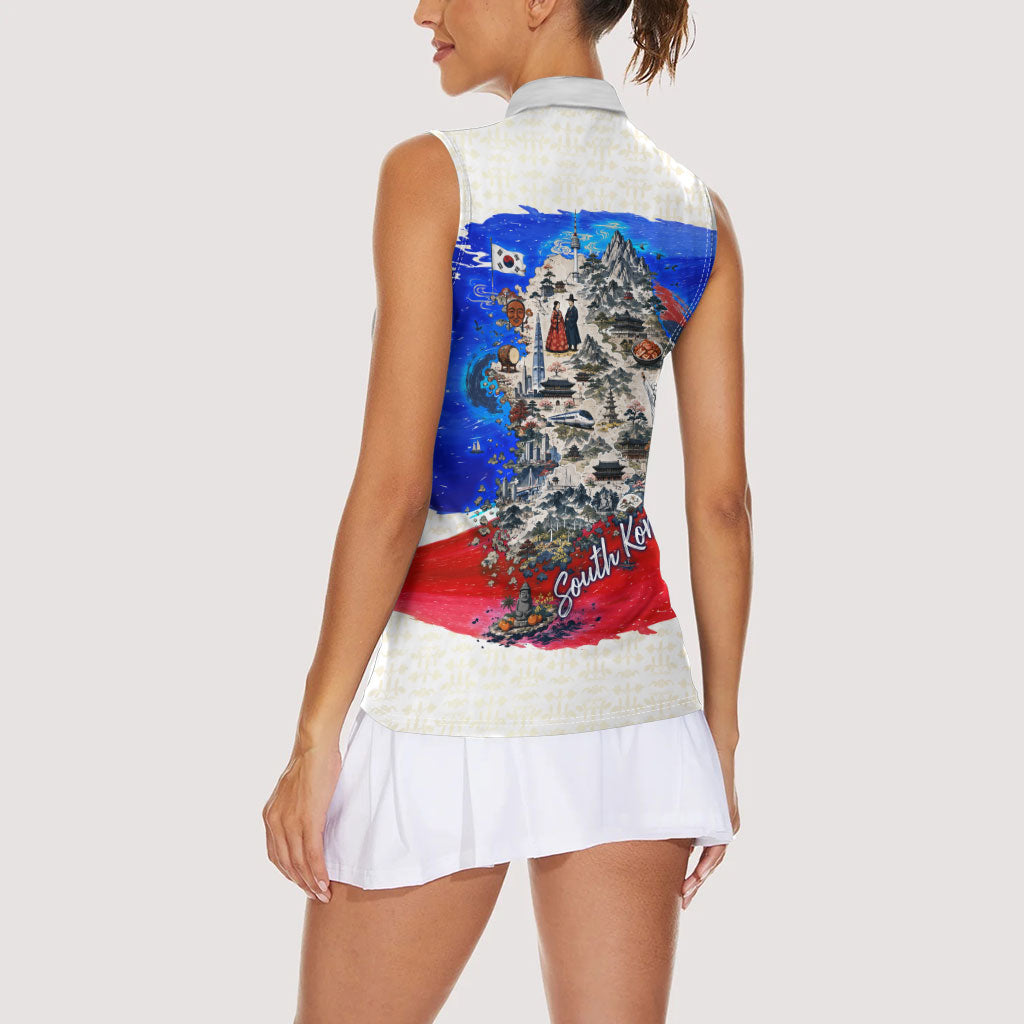 South Korea Flag Day Women Sleeveless Polo Shirt Patriotic Cultural Landmarks Map