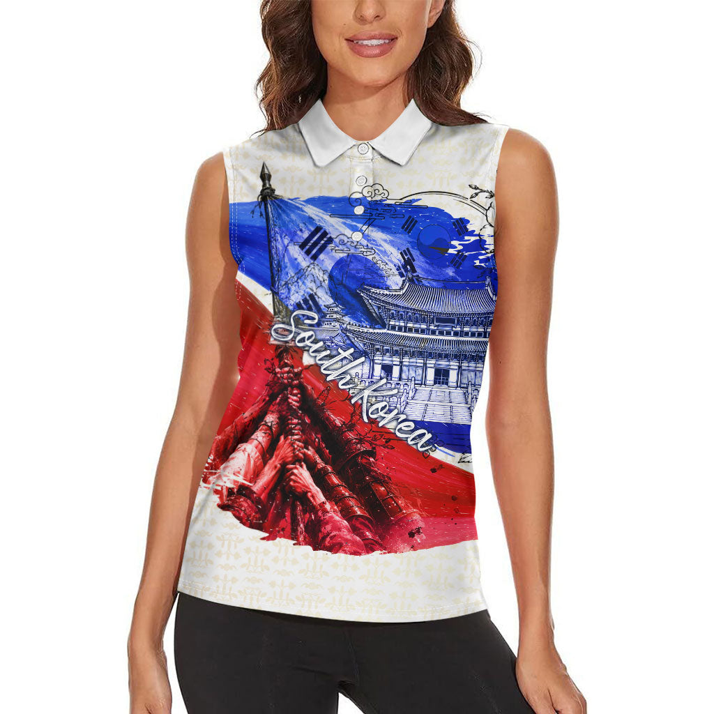 South Korea Flag Day Women Sleeveless Polo Shirt Patriotic Cultural Landmarks Map