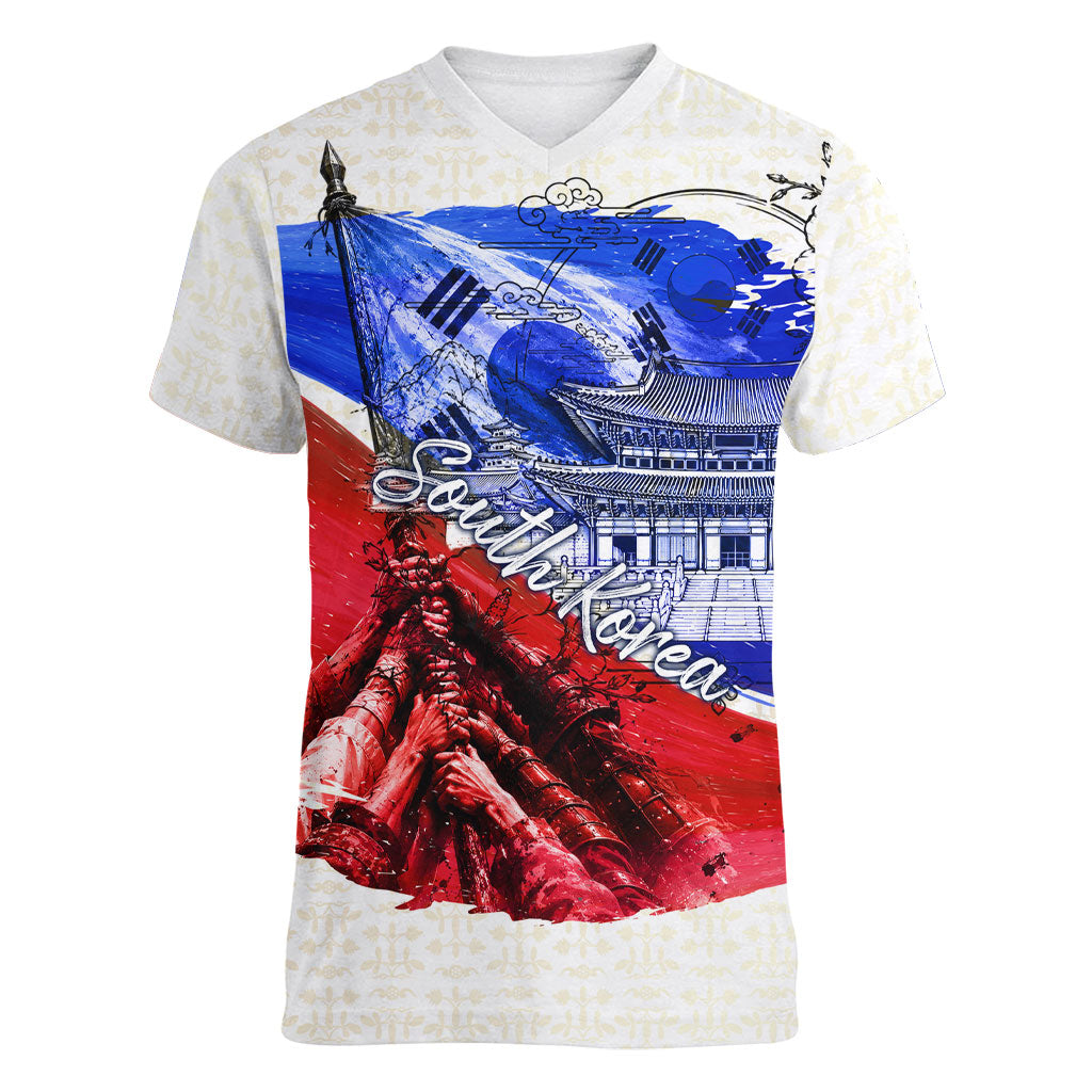 South Korea Flag Day Women V-Neck T-Shirt Patriotic Cultural Landmarks Map