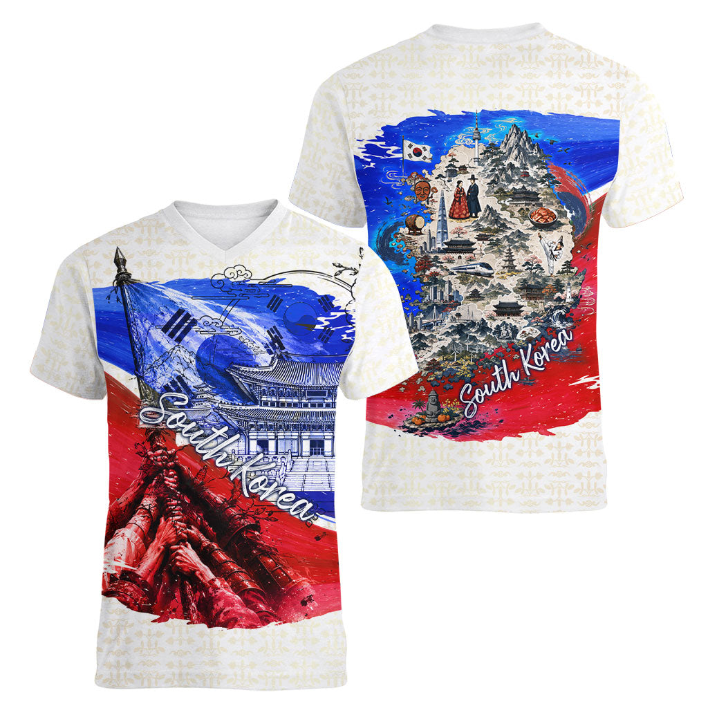 South Korea Flag Day Women V-Neck T-Shirt Patriotic Cultural Landmarks Map