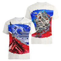 South Korea Flag Day Women V-Neck T-Shirt Patriotic Cultural Landmarks Map