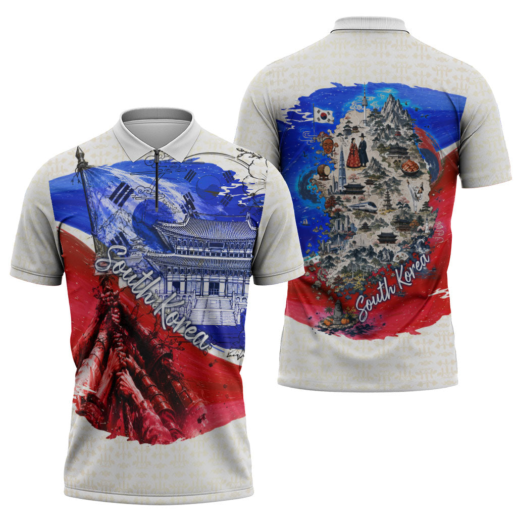 South Korea Flag Day Zipper Polo Shirt Patriotic Cultural Landmarks Map