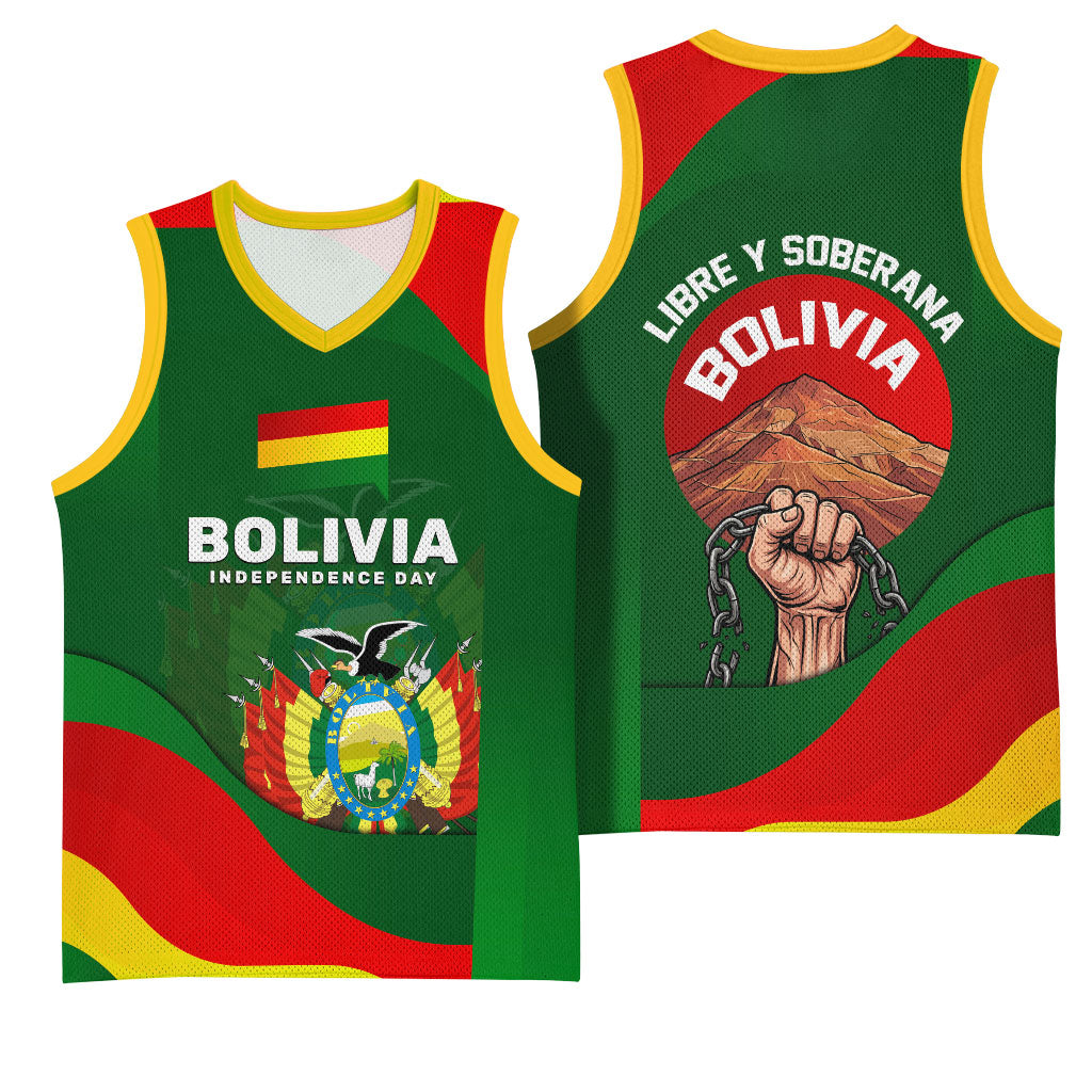 Bolivia Independence Day Basketball Jersey Coat Of Arms Libre Y Soberana Heritage Art Broken Chains