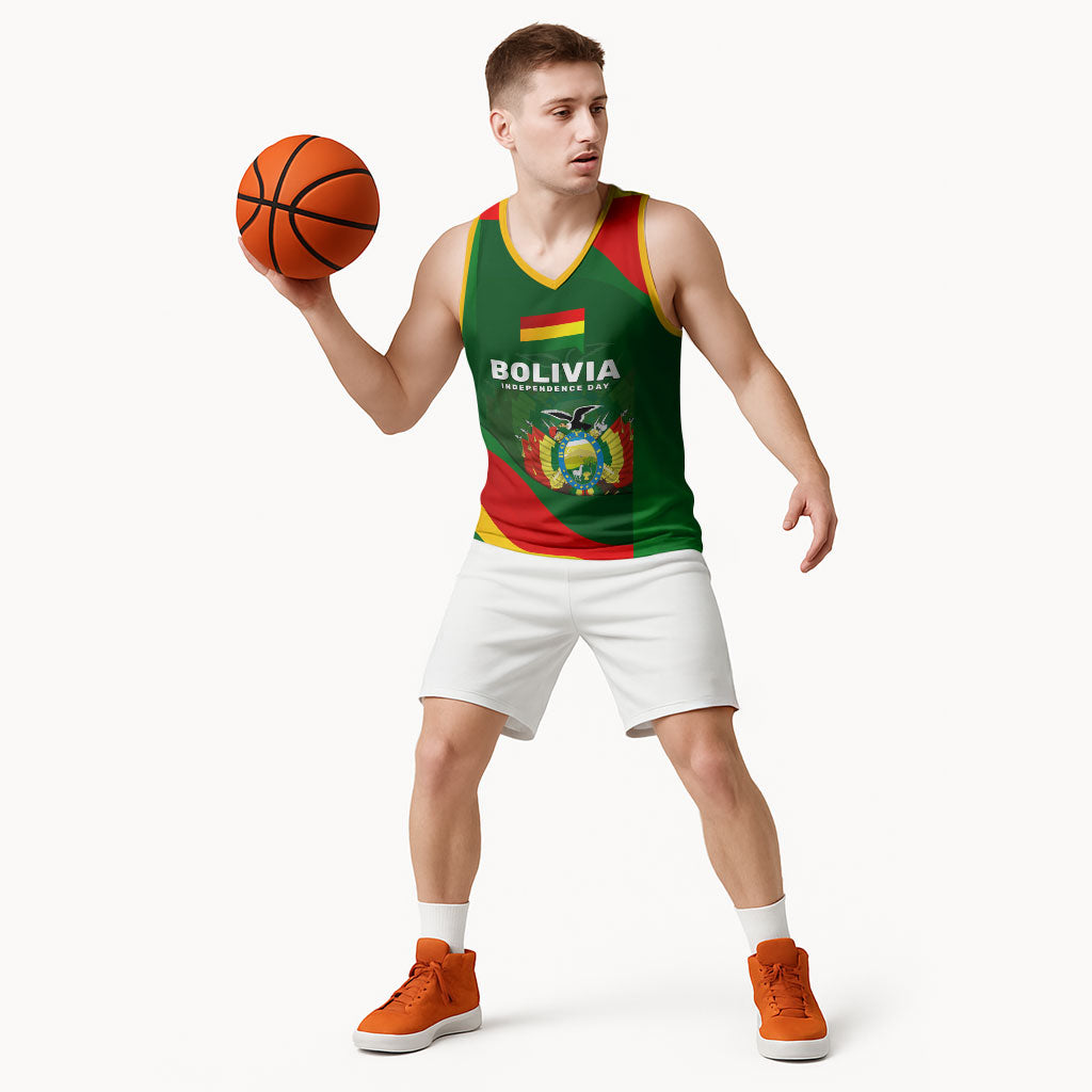Bolivia Independence Day Basketball Jersey Coat Of Arms Libre Y Soberana Heritage Art Broken Chains