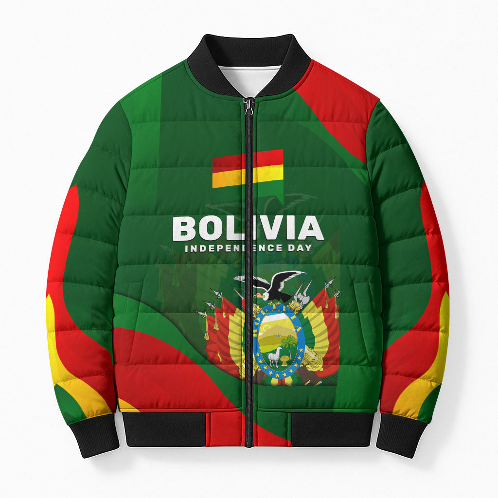 Bolivia Independence Day Bomber Puffer Jacket Coat Of Arms Libre Y Soberana Heritage Art Broken Chains