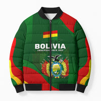Bolivia Independence Day Bomber Puffer Jacket Coat Of Arms Libre Y Soberana Heritage Art Broken Chains